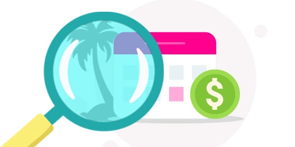 magnifying glass over calendar and palm tree